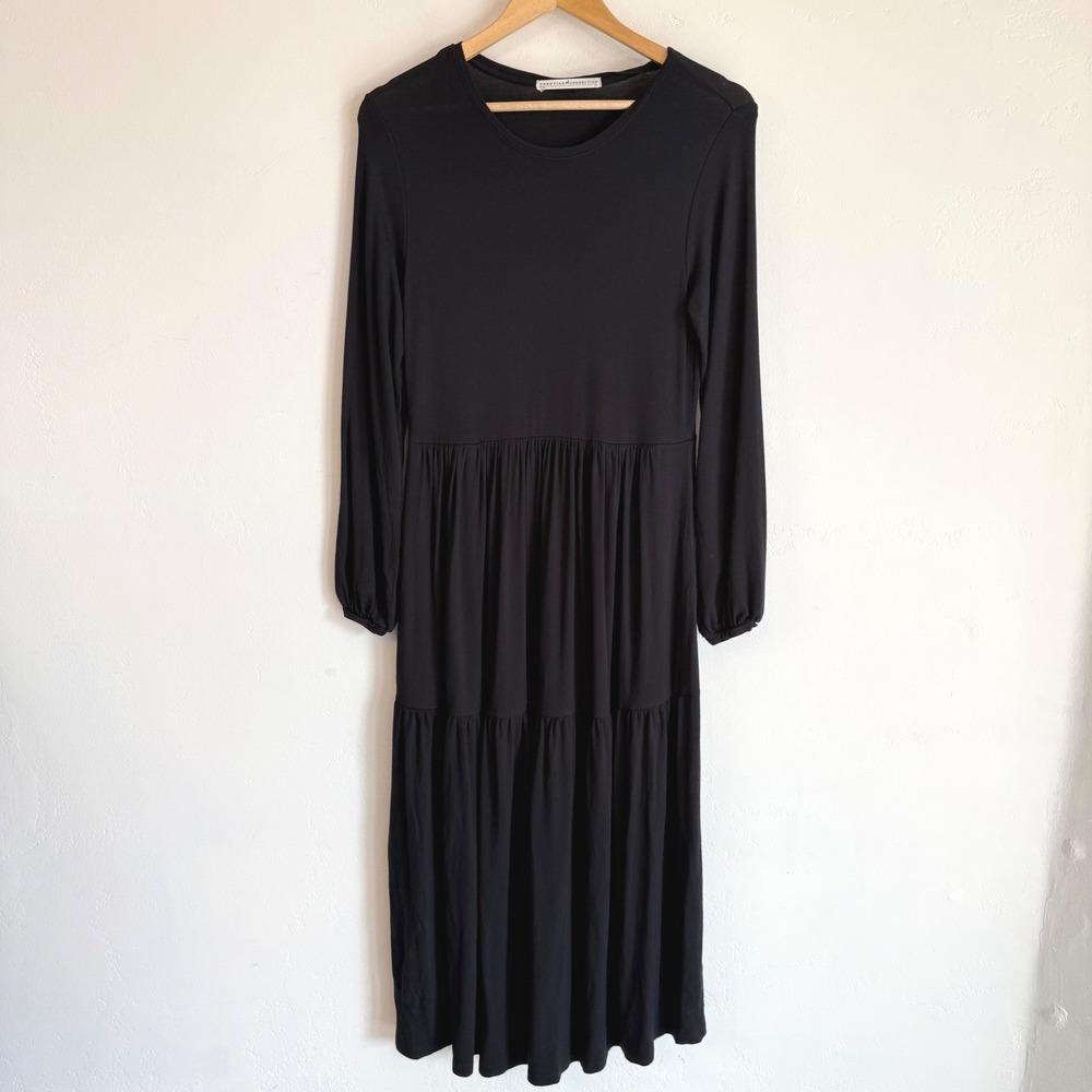 Peruvian Connection Tiered Midi Dress Black Long Sleeve Pockets Minimalist XS